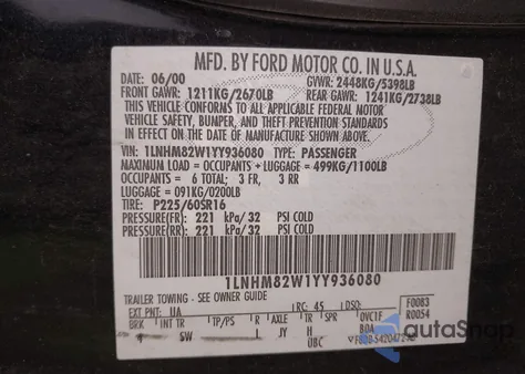 2000 Lincoln Town Car Signature z USA, uszkodzony, nr VIN 1LNHM82W1YY936080